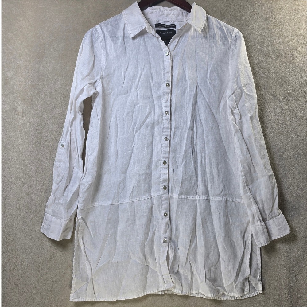 Tahari Essentials Womens White 100% Linen Long Sleeve Button Down Tunic Shirt S